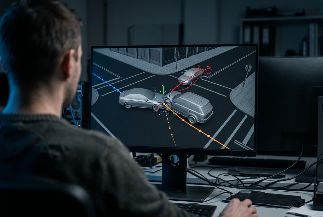 Software Virtual CRASH exibindo reconstituição tridimensional e simulação física 3D de colisão.