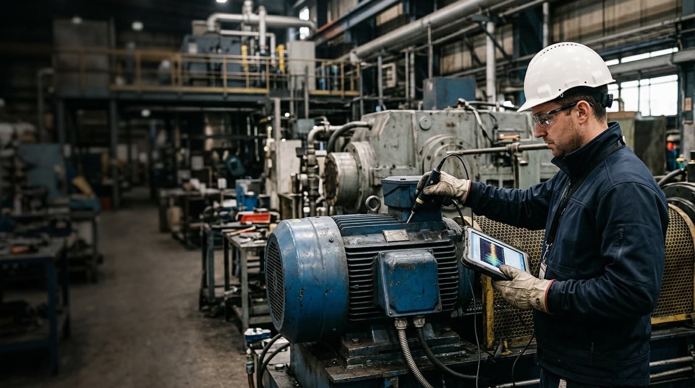 Engenheiro medindo vibração de motor elétrico industrial com analisador portátil e tablet.