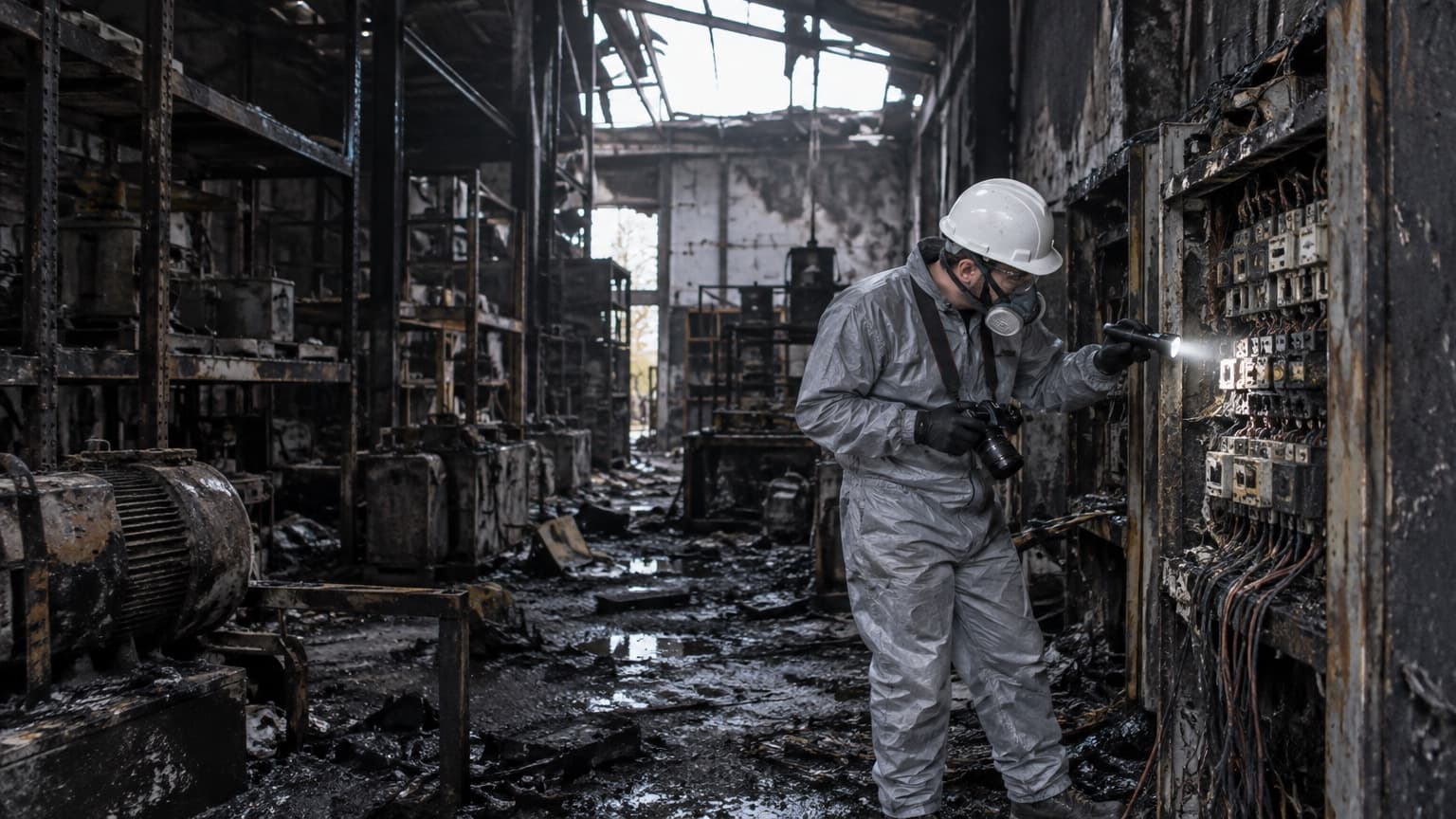 Investigador com equipamento de proteção examinando painel elétrico queimado em galpão industrial atingido por incêndio.