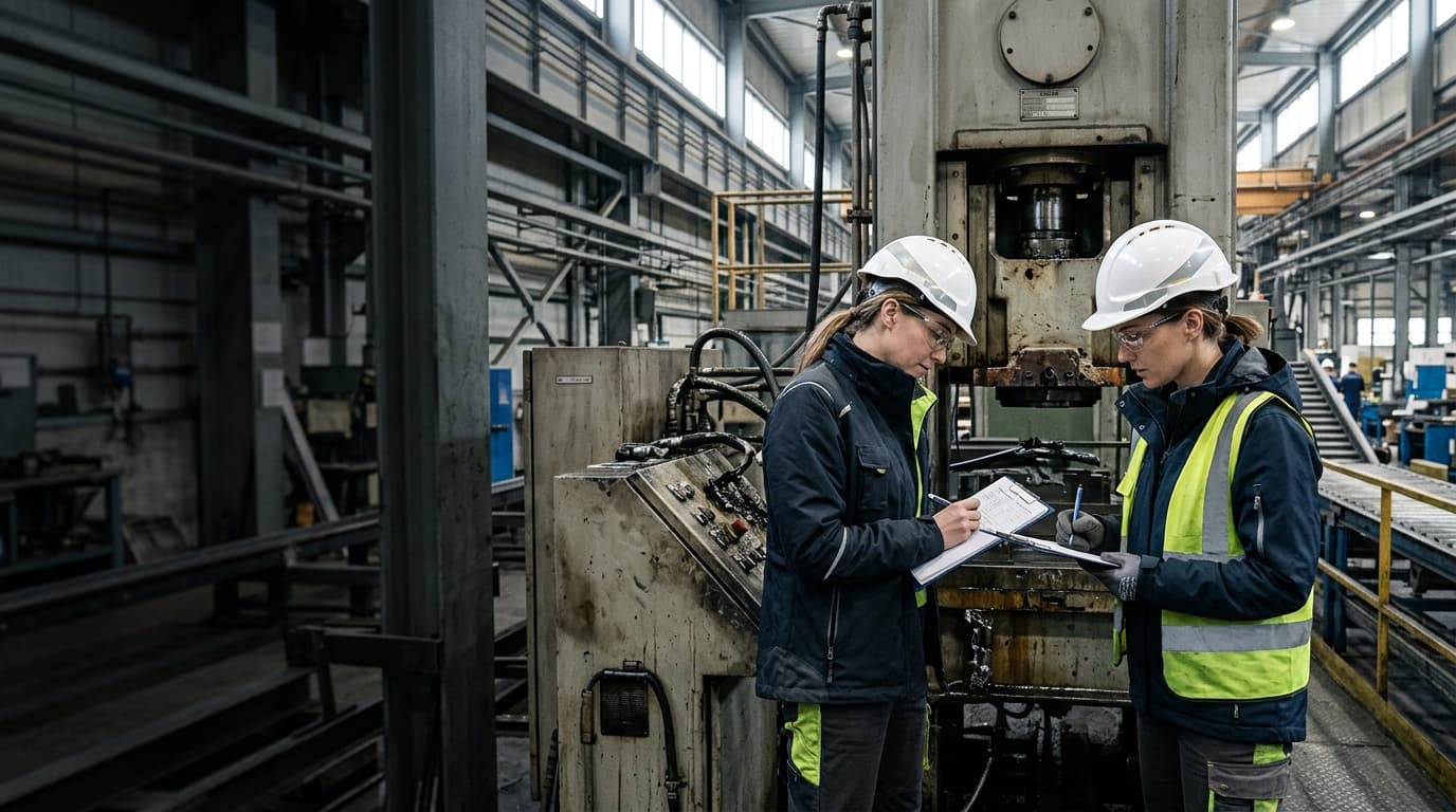 Engenheiros com capacete e colete inspecionando prensa hidráulica danificada em linha de produção industrial.