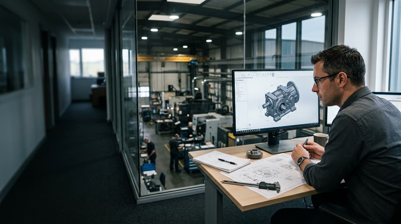 Engenheiro mecânico analisando modelo 3D de conjunto mecânico e desenhos técnicos em escritório com vista para a fábrica.