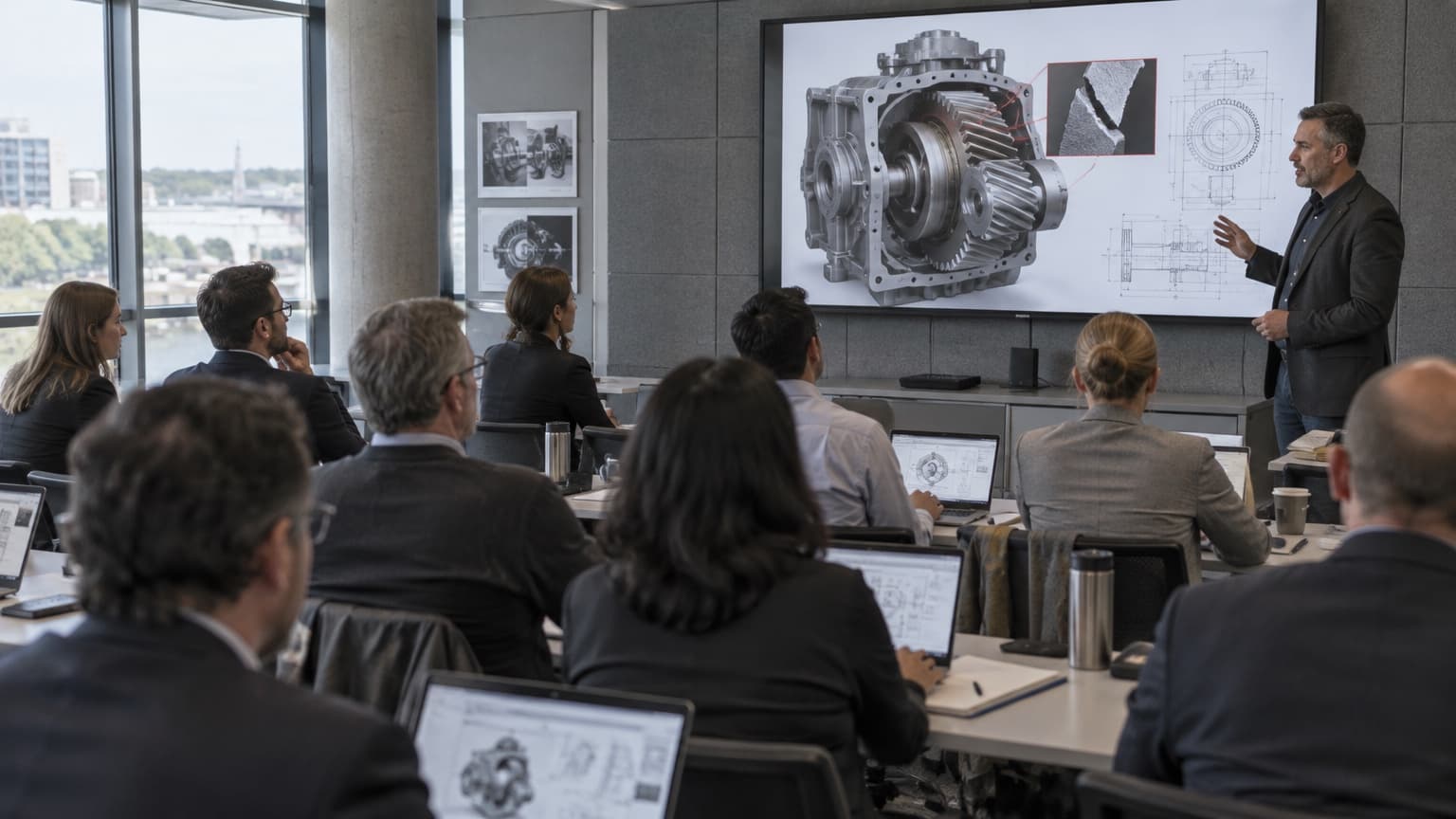 Instrutor apresentando modelo 3D de redutor industrial com engrenagem fraturada para turma de profissionais em sala de treinamento.