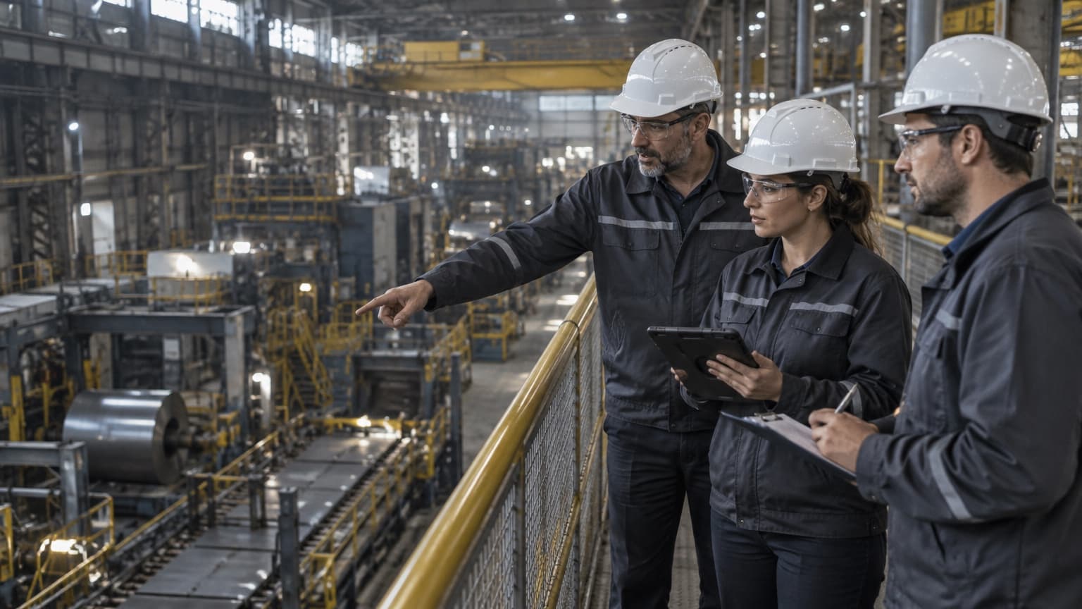 Engenheiros com capacete revisando relatório de inspeção técnica em passarela de uma fábrica.