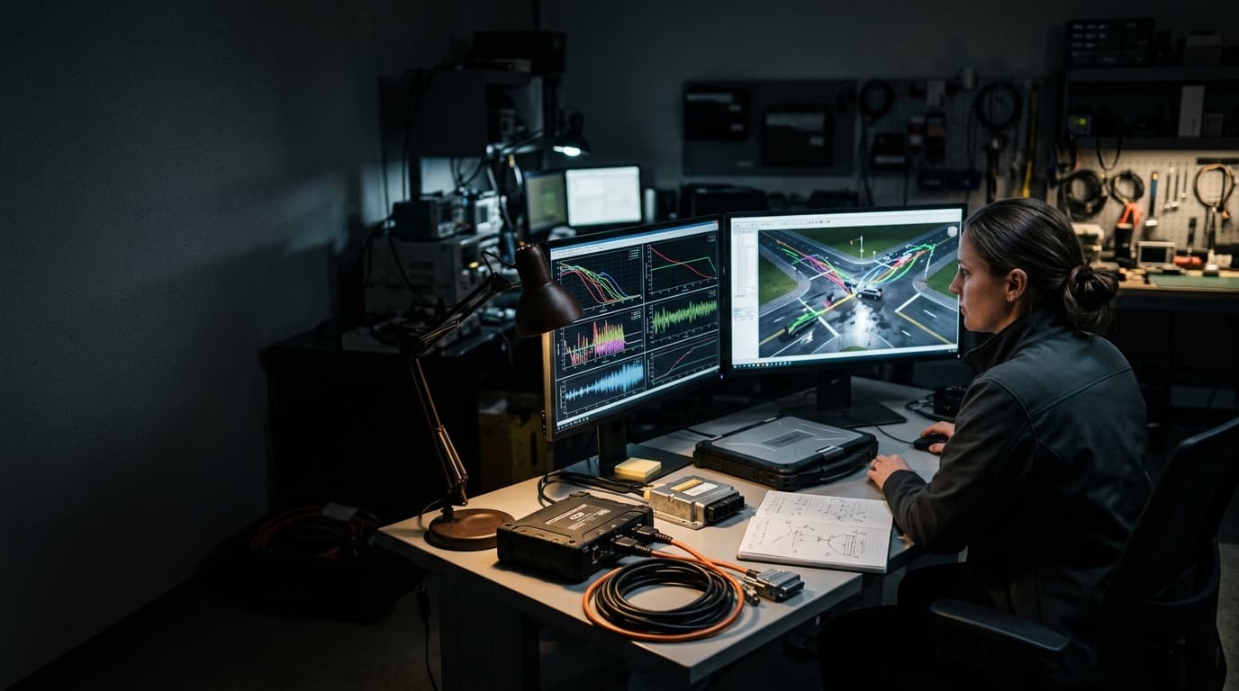 Engenheira em laboratório com monitores exibindo simulação 3D de colisão e gráficos de dados, ao lado de módulos eletrônicos.