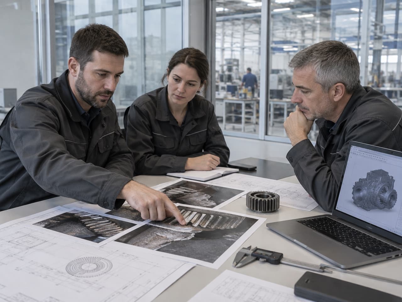 Equipe técnica analisando fotografias de máquinas danificadas, desenhos técnicos e engrenagem fraturada em escritório de engenharia.