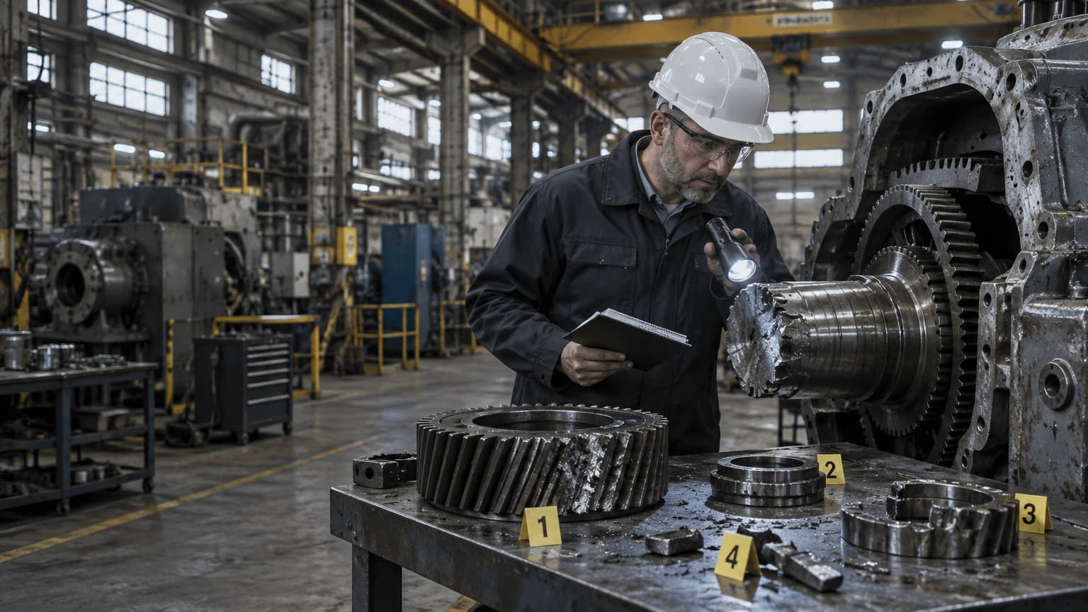 Engenheiro perito inspecionando com lanterna o eixo fraturado de um redutor industrial, com peças identificadas por marcadores de evidência.